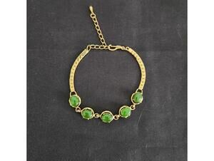 Vintage Gold Tone Green Jadeite Cabochon Bracelet Adjustable Chain Link Retro